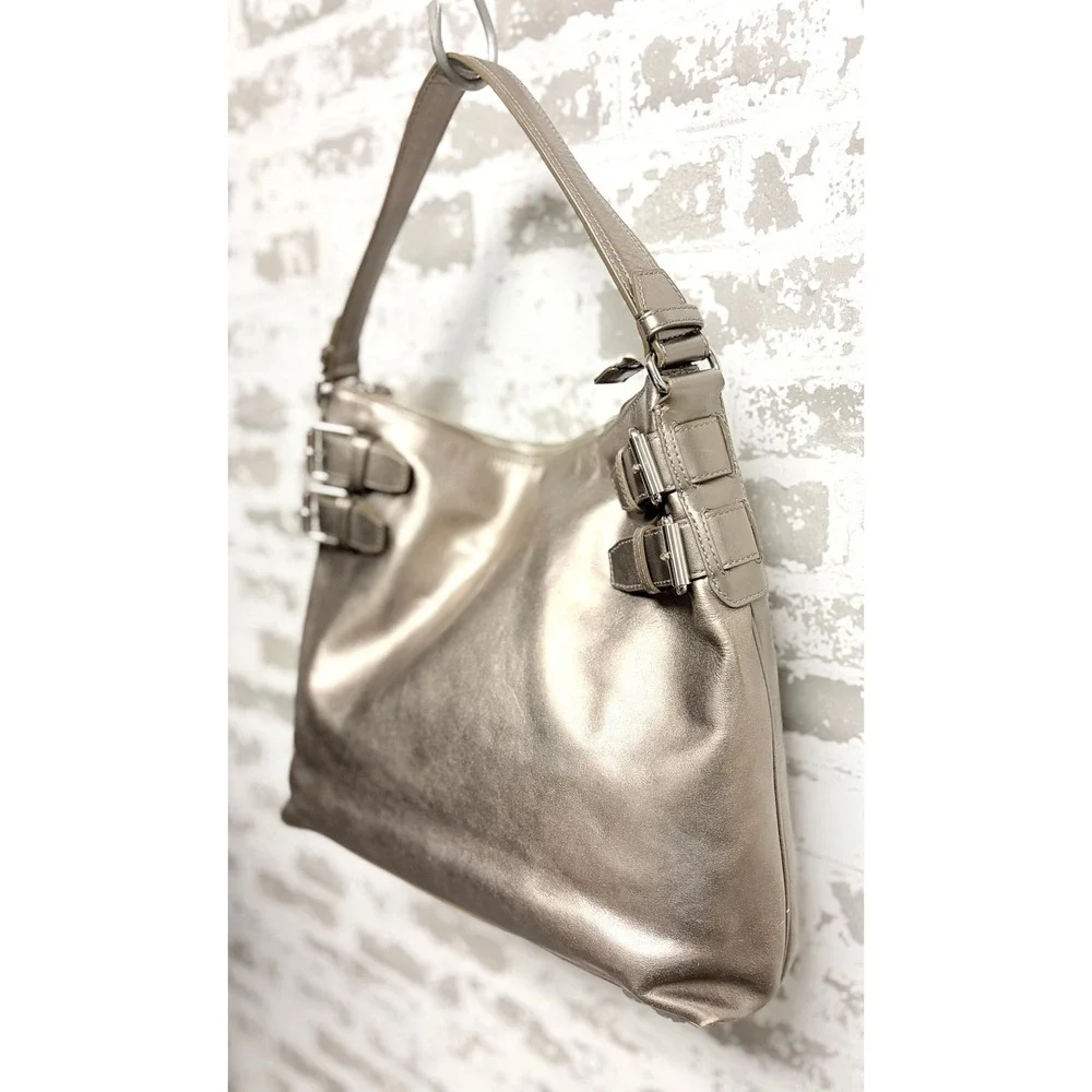 Cole Haan Avery Large Metallic Pewter Hobo Shoulder Bag Y2K Buckle Slouchy